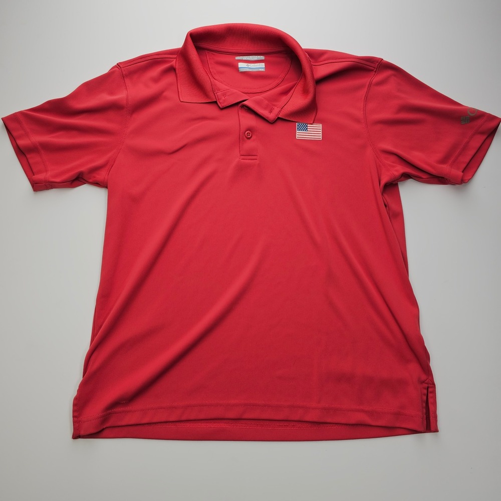 Columbia PFG Mens Red Omni-Shade Polo Shirt American Flag Patch Size Medium